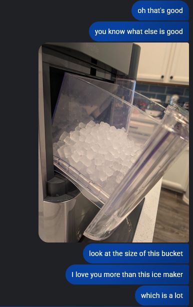 a series of text messages all from me:
oh that's good
you know what else is good
[a picture of the ice maker's bucket which is half full of lots of delicious ice (i know it's delicious because i ate an entire scoop of it earlier)]
look at the size of this bucket
I love you more than this ice maker
which is a lot