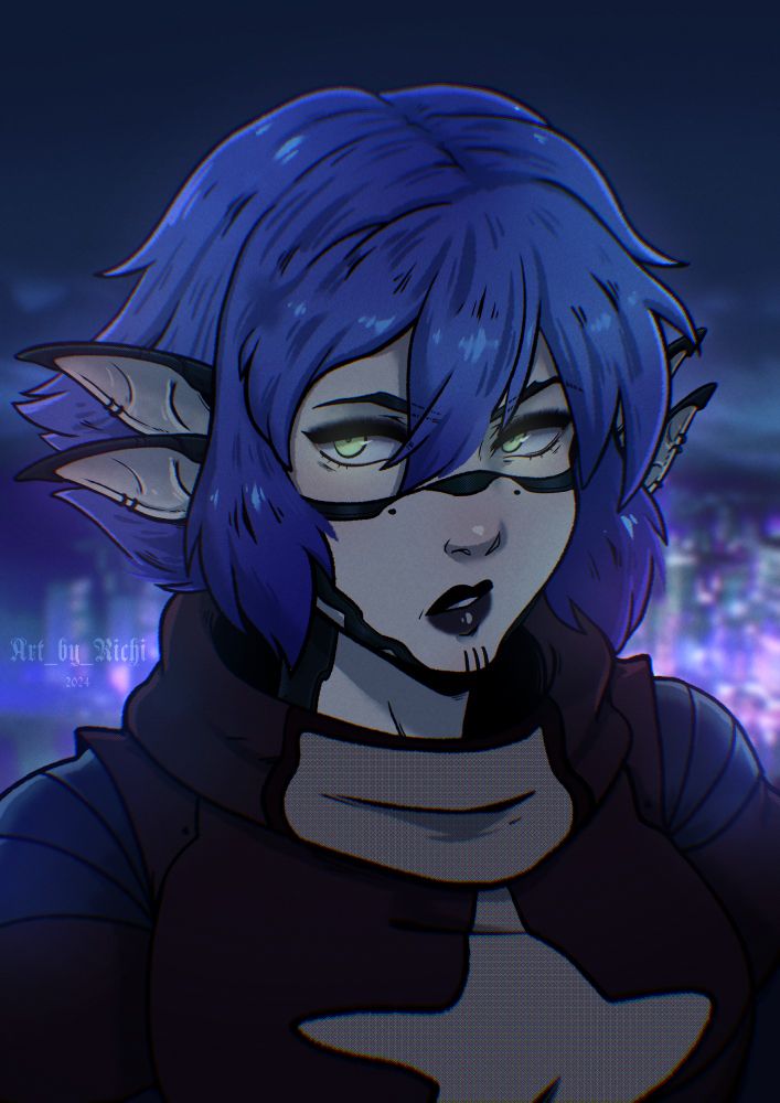 An elf-girl with blue hair and green eyes, four ears, implants on her face, there`s also a futuristic city on a background