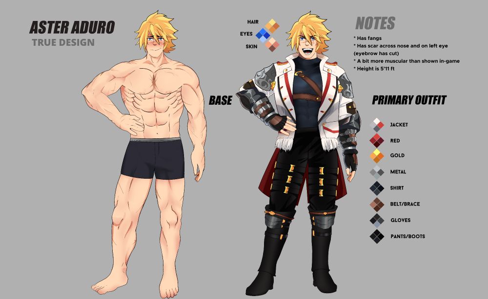Character reference sheet show casing the art reference for my final fantasy xiv oc Aster Aduro withe the base colors as notes such as
-Has fangs
-Has scar across nose and on left eye (eyebrow has cut)
-A bit more muscular than shown in game
-Height is 5'11 ft