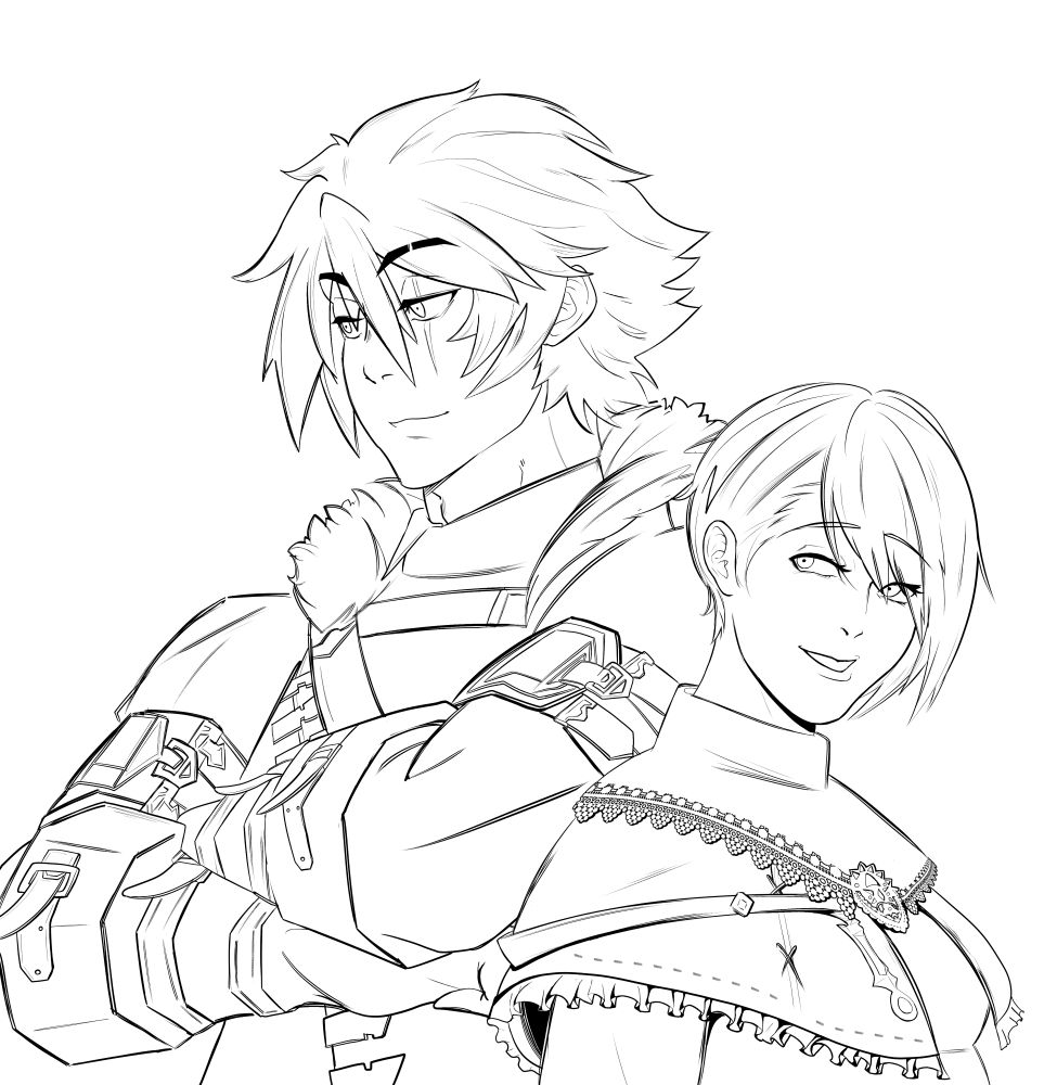 Lineart drawing showing my final fantasy xiv oc Aster Aduro on the left and his sister Clarisse Aduro (also known as Essi for short) on the right. They're both smiling as Aster seems to look at something while Essi seems to be looking up to her big brother