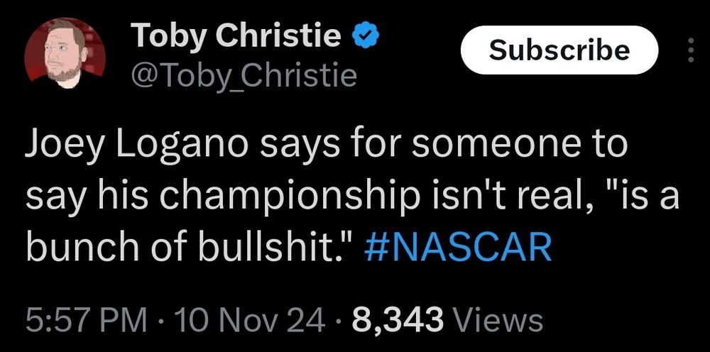 Toby Christie quoting Logano saying it "is a bunch of bullshit" about his title not being real 