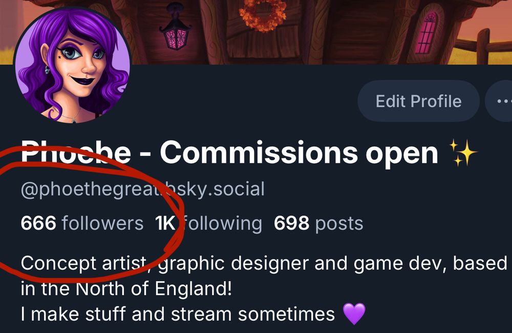 My BlueSky profile with 666 followers highlighted.