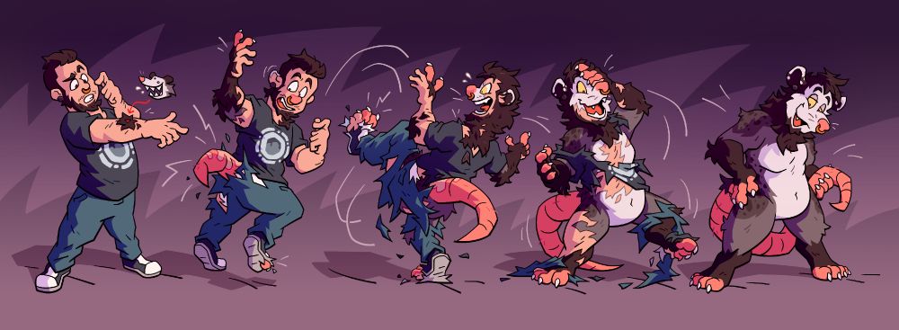 a 5 pose sequence of amlek turning into his opossum character