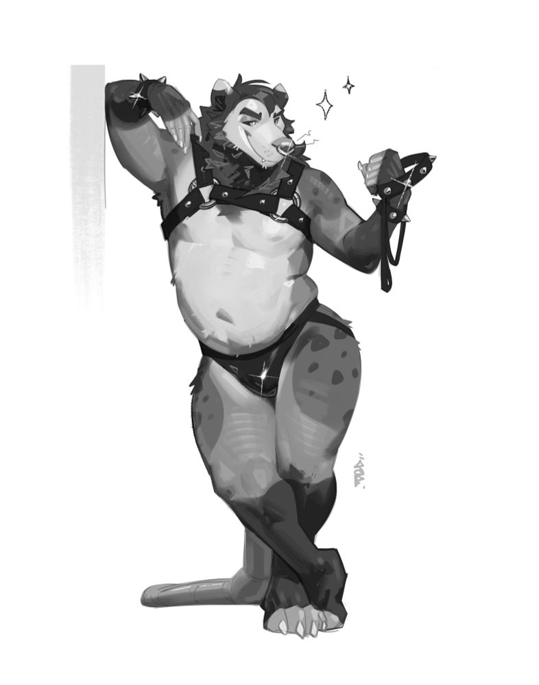 Poss in a harness and latex underwear, holding a collar and leash!