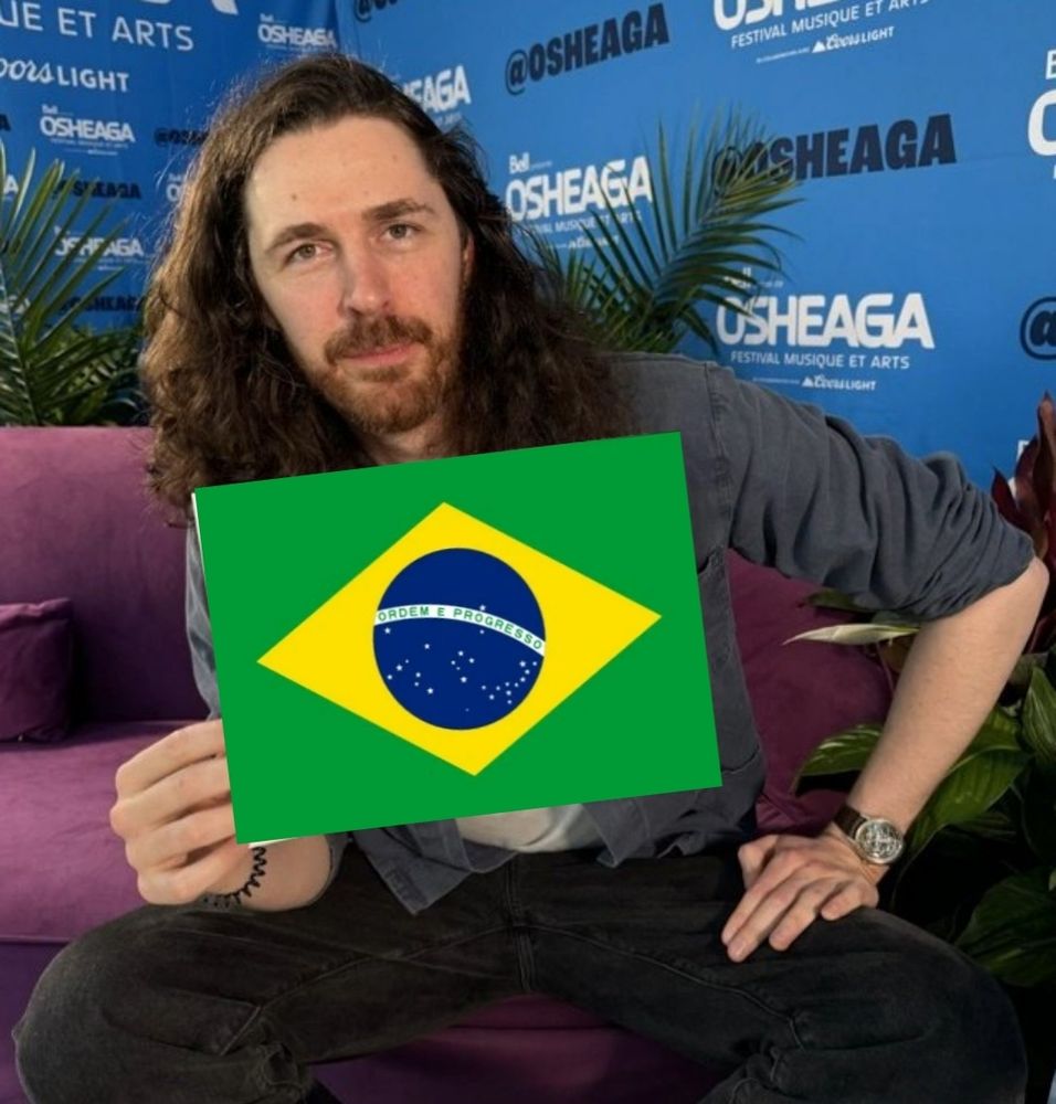 Montagem do cantor Hozier segurando uma bandeira do Brasil.