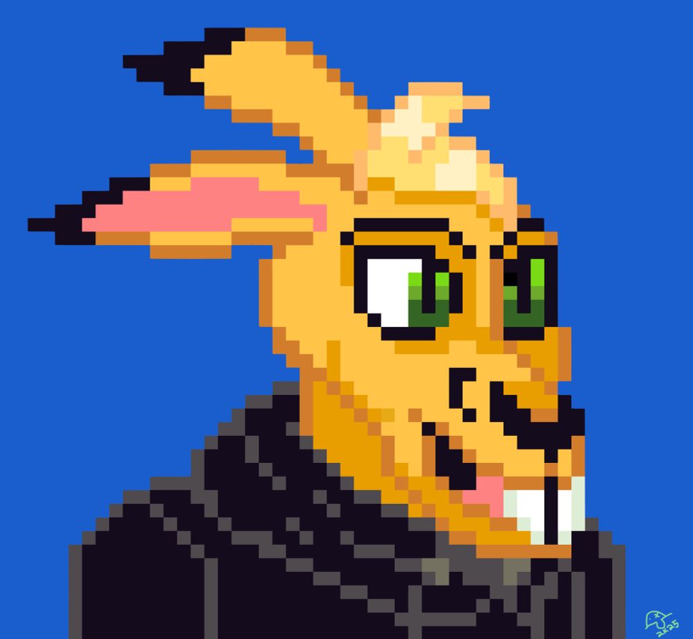 A pixel art portrait of Renegade Roo's fursona. He is a tan kangaroo with green eyes and is wearing a black hoodie. The portrait's backdrop is blue. 