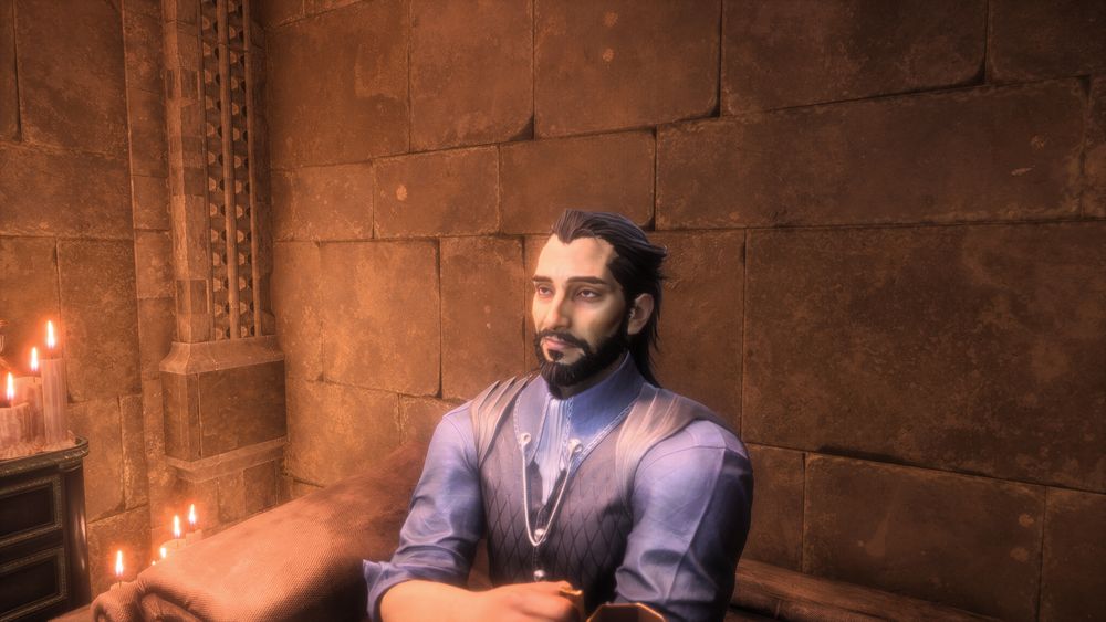 Lucanis Dellamorte sitting on his bed in the pantry and holding a cup of coffee.  He is looking up and smiling gently.