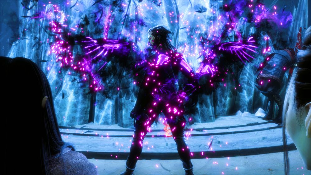 Lucanis Dellamorte landing in front of Amelia de Riva and Bellara Lutare in the Ossuary.  His back is to them and Spite's wings are extended.  His head is looking over his shoulder to his left.