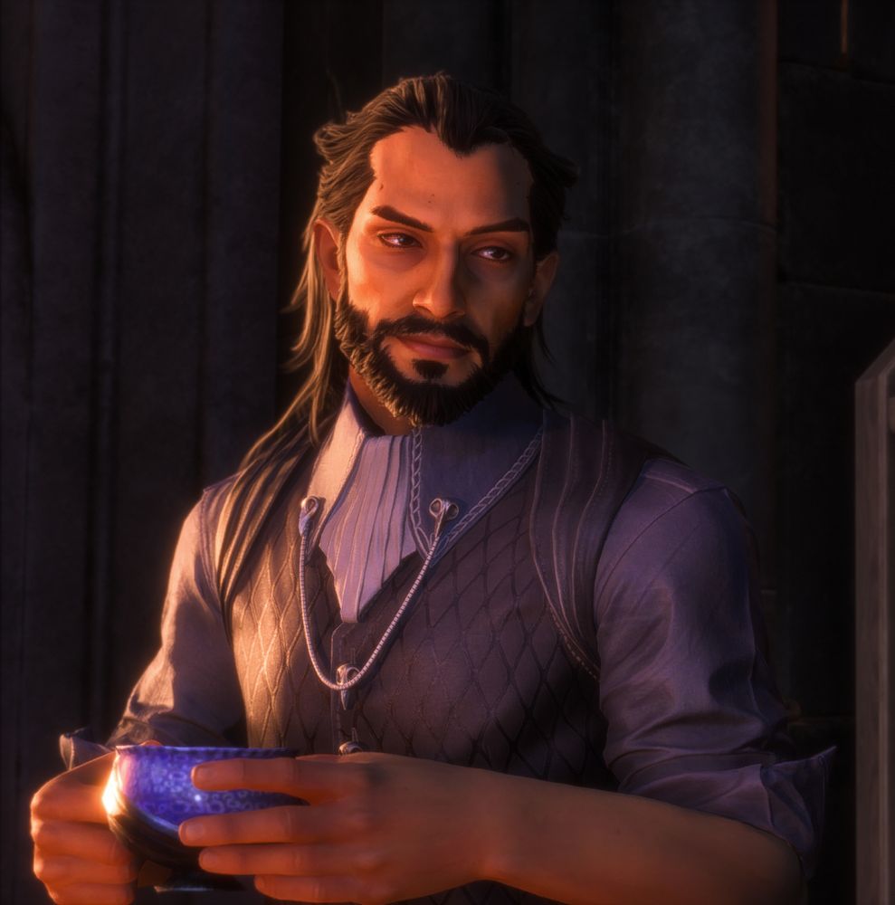 Lucanis Dellamorte leaning against a cupboard in the dining hall of the Lighthouse.  He's holding a coffee cup and looking slightly down to his left.