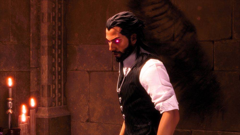 Spite Dellamorte (who's taken over Lucanis' body) standing in the pantry at the Lighthouse. There are candles to his right, and there are wings scorched into the wall behind him. Spite's eyes are glowing magenta.