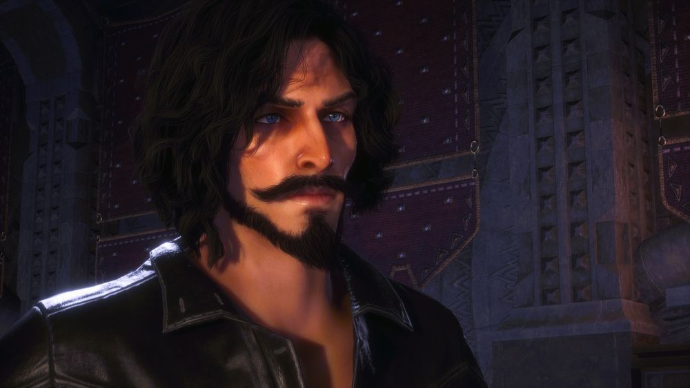 Viago de Riva looking down at Varric (who is out of shot) as he talks to him.