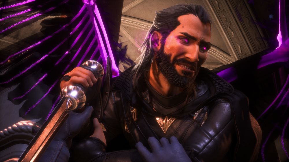 Lucanis Dellamorte in the fallen chantry in Treviso.  He's been taken over by Spite and is trying to kill Illario Dellamorte.  He's in pain and distressed as he calls to Amelia de Riva for help.