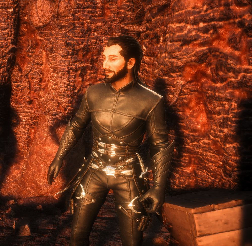 Lucanis Dellamorte standing at the bottom of the blight tendril in Minrathous.  He is smiling as he looks over at Amelia de Riva (who is out of shot).