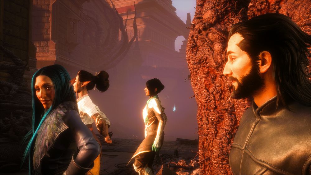 Lucanis Dellamorte looking at Amelia de Riva and smiling as they stand at the bottom of the giant blight tendril following killing Elger'nan.  Amelia is looking to her left, but hasn't noticed Lucanis gazing lovingly at her.

In the background, Bellara Lutare and Neve Gallus are looking out at the world they've just saved.
