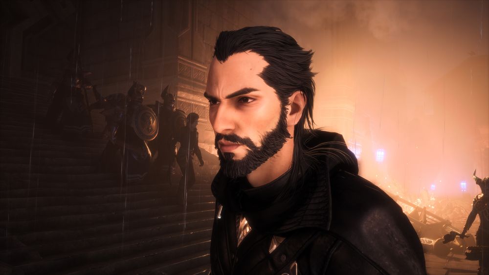 Lucanis Dellamorte at the meeting point for the Battle of Minrathous.  He is leaning slightly forward and has a determined expression on his face.  In the background, Antoine is leading the Grey Warden troops down the stairs.