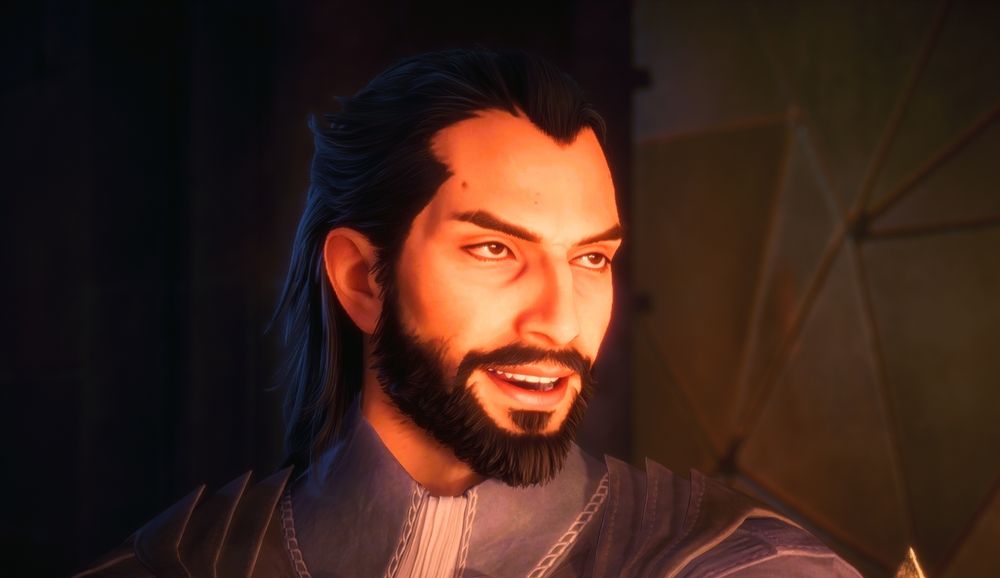 Lucanis Dellamorte sitting in the dining hall of the Lighthouse in the evening.  He is slightly drunk and smiling.