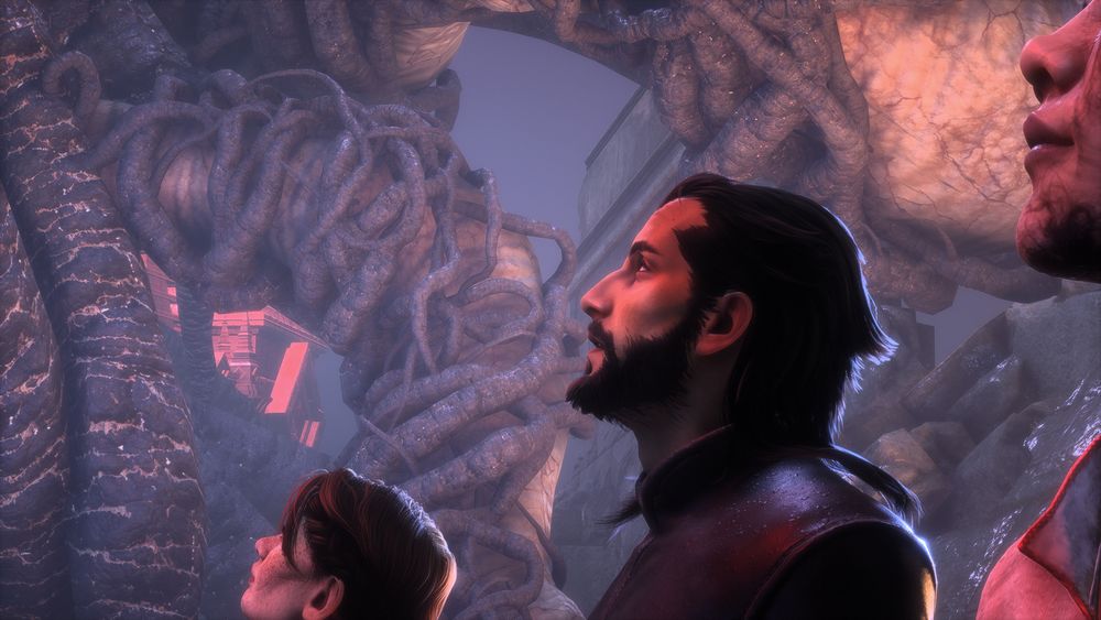 Lucanis Dellamorte looking up at the giant blight tendril stretching up from the Divine's Manor in Minrathous.  Harding is on his right and Bellara is on his left.  They are both looking up, too.