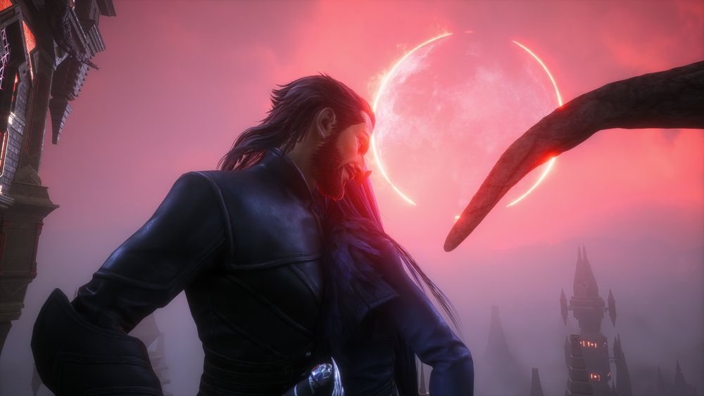 Lucanis Dellamorte and Amelia de Riva hugging in the Archon's Palace in Minrathous during the final battle.  The sky is pink and the ring of the eclipse is visible behind them.  There is a blight tendril on the right side of the image, partly covering the eclipse.