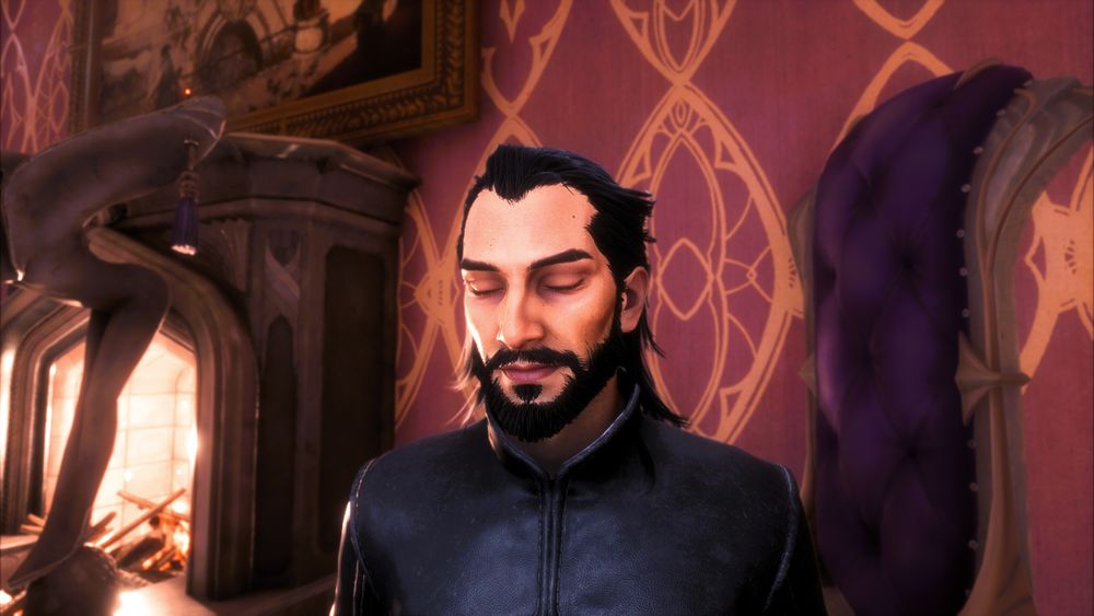 Lucanis Dellamorte standing in a bedroom in Villa Dellamorte.  His eyes are closed and he has a gentle smile.