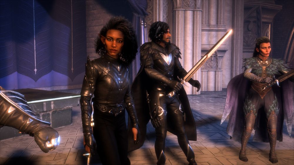 Teia Cantori standing on the stage of the opera house in Treviso.  She's staring straight at the camera and looks like she's given up.  Behind her is Viago de Riva and he's holding a sword.  To his left is another Talon who is also holding a sword.