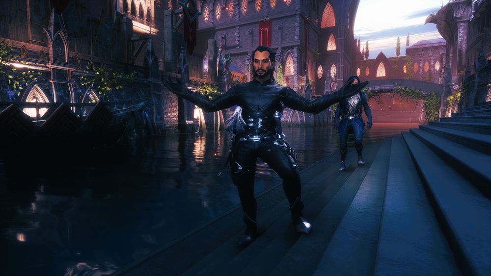 Lucanis Dellamorte standing with his arms outstretched near a canal in Treviso.  Amelia de Riva is in the background.