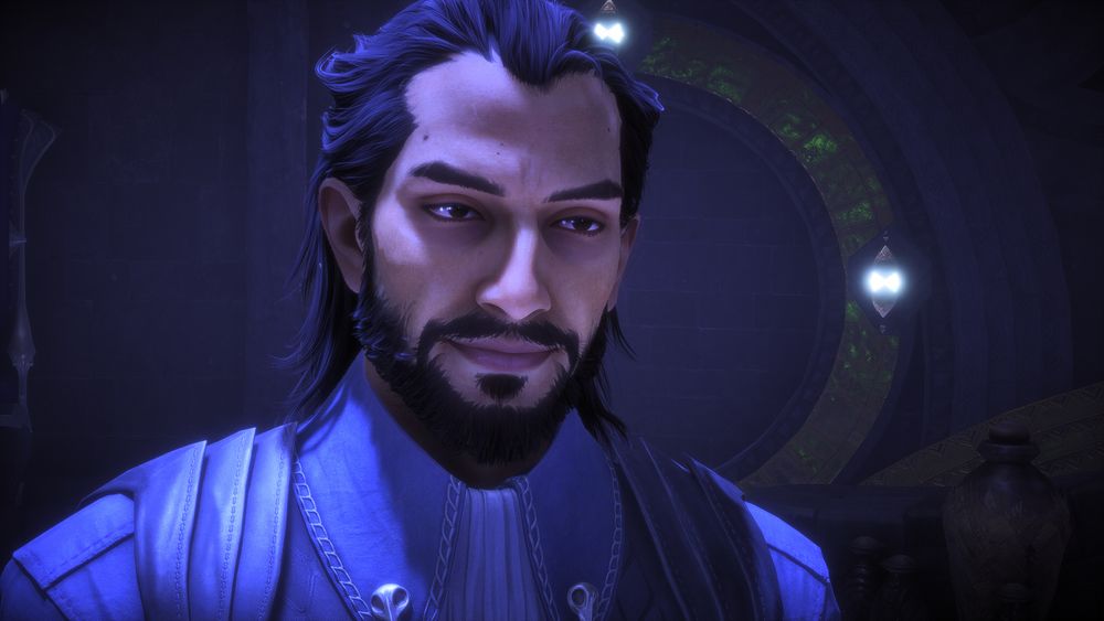 Lucanis Dellamorte standing in the library of the Lighthouse.  He is smiling gently.