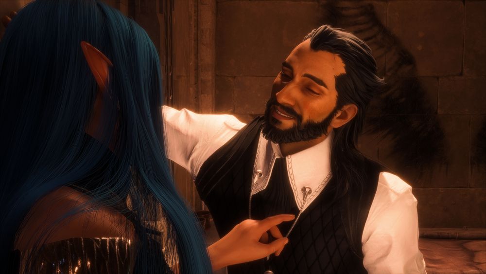 Lucanis Dellamorte leaning over Amelia de Riva against the wall in his bedroom in the Lighthouse.  He is looking down at her lips and she's playing with the chain attached to his shirt collar.