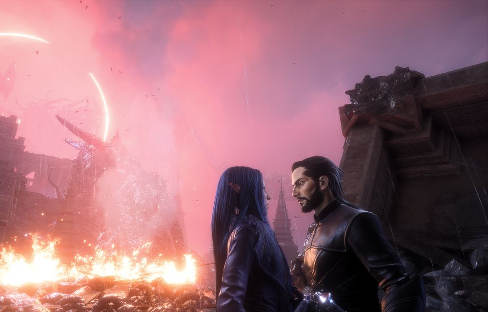 Lucanis Dellamorte and Amelia de Riva standing in Minrathous.  Lucanis is leaning towards Amelia.  Behind them, the city is on fire and the sky is pink from the smoke and the eclipse.  The ring of the eclipse can be seen on the left of the image.