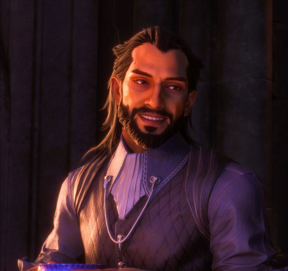 Lucanis Dellamorte standing in the dining hall of the Lighthouse with a cup of coffee.  He is looking down to his left and smiling.