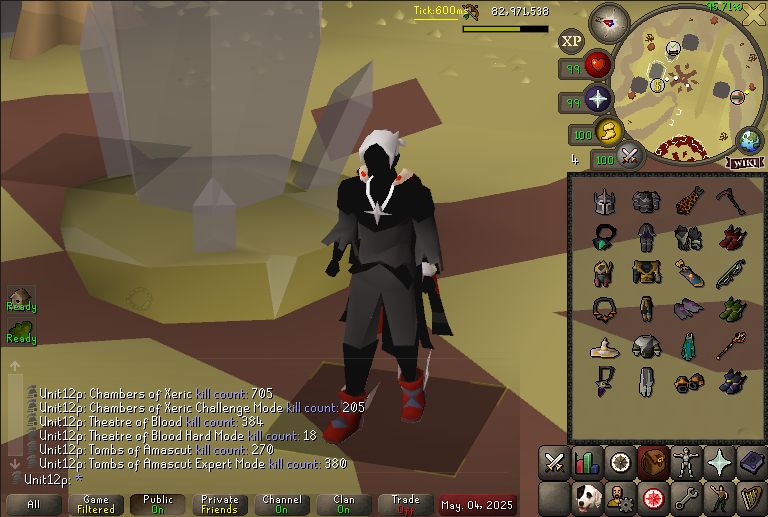 a showcase of my pvm gear in osrs, including nearly every best-in-slot armor and all three megarare weapons