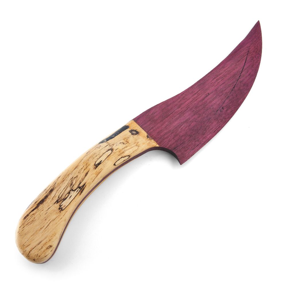 A handcrafted knife with a smooth, light wood handle featuring dark grain patterns and a unique purple-toned blade.