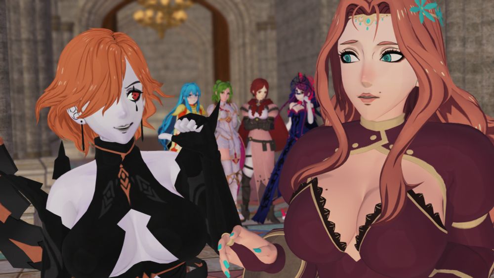 3D MMD Fire Emblem render of Kronya speaking with a devilish smirk on her face to a confused Cornelia. In the background some onlookers consisting of Eirika (visibly annoyed), L'Arachel (visibly confused), Monica (visibly angry) and Ivy (uncertain) are visible also.