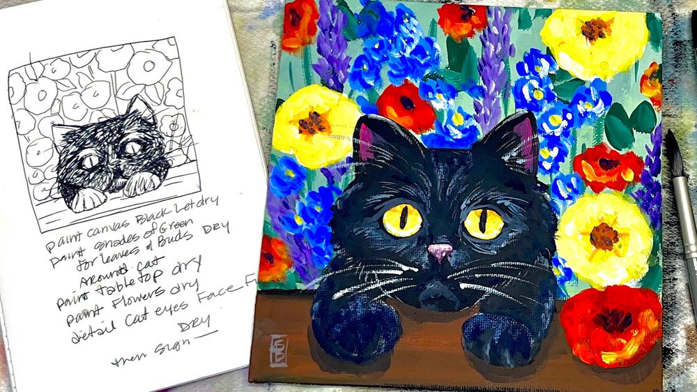 Black and white thumbnail sketch next to the acrylic painting of a black kitten with golden eyes. The cat is climbing up on the table and the background is filled with yellow, blue and red flowers