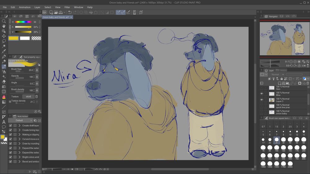 Clip studio paint screenshot of a curly haired blue dog with a deep yellow hoodie named mira. Mira is looking sadly to the left with her body tilted away from the viewer. to the right is a backside drawing of mira looking up to a tiny drawn moon.