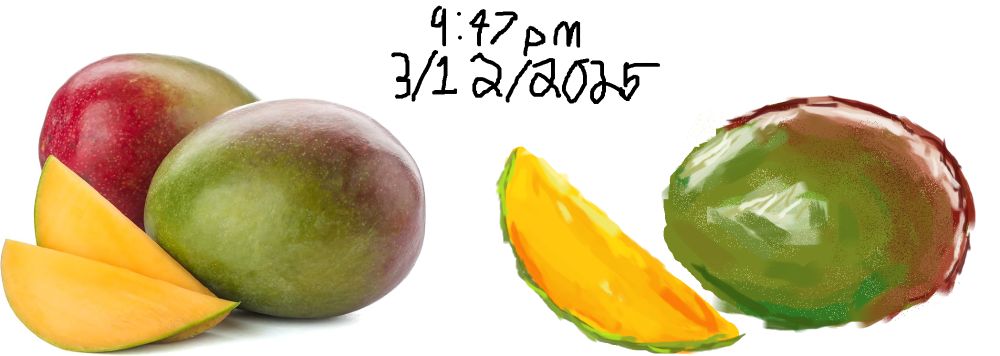 A photo of two mangos and two mango slices next to a drawing of a single mango and slice. On top in the middle is the date and time it was completed, 9:47pm, 3/12/2025