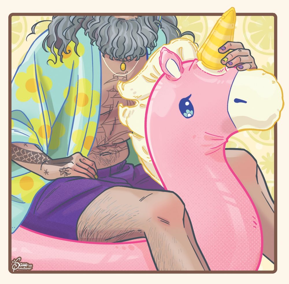 a mysterious bearded figure in beach clothing sitting on a unicorn floatie... who could he be? absolutely no hint from that snake on his arm