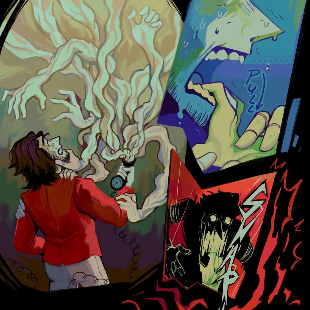 comic style painting depicting spamton's puppetification in 3 panels. writhing arms sprout from the phone's speaker, snapping his lower jaw off to mimic the puppet look.