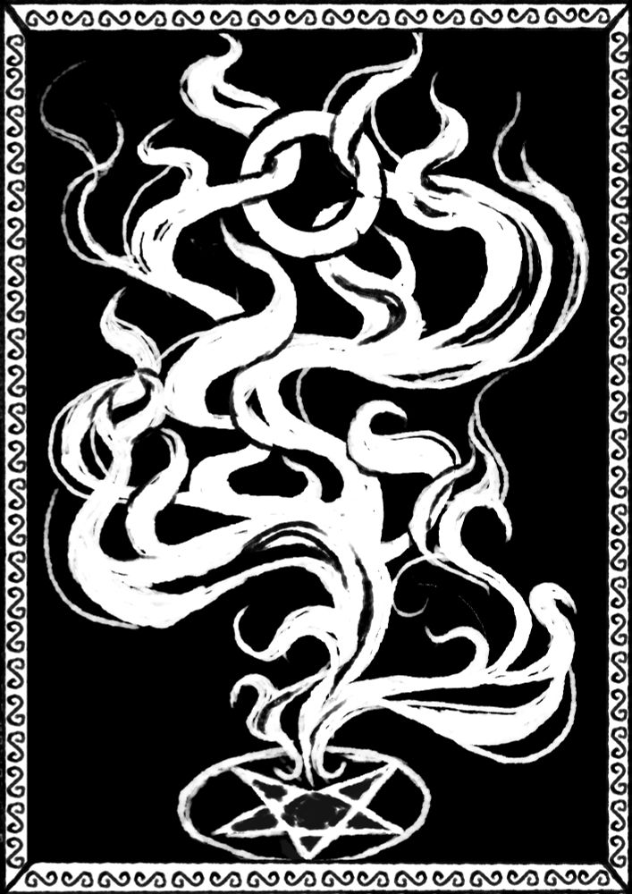 Ett pentagram och spöklika dimmor. I dimmorna svävar en vigselring. 