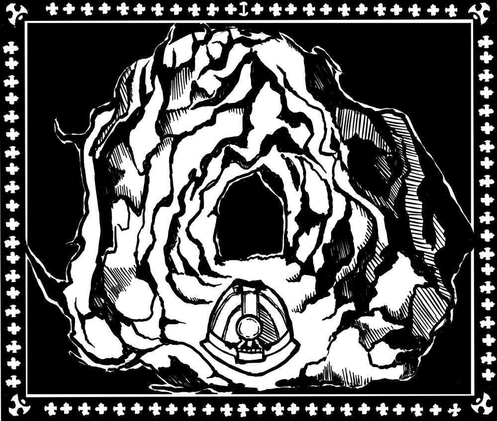 En bild i svart tusch. I en tunnel ligger en arbetshjälm. Lampan på hjälmen är tänd och lyser upp den totalt mörka tunneln. 