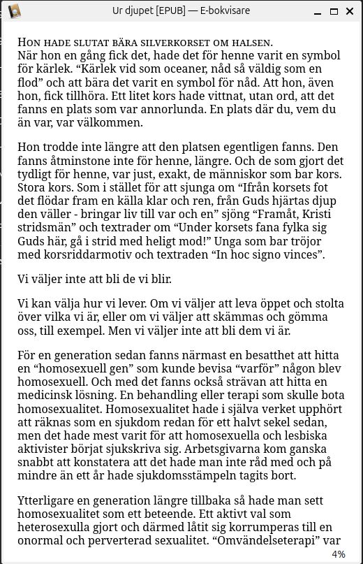 EPUB-versionen av samma stycke i boken. 

Hon hade slutat bära silverkorset om halsen.

När hon en gång fick det, hade det för henne varit en symbol för kärlek. “Kärlek vid som oceaner, nåd så väldig som en flod” och att bära det varit
en symbol för nåd. Att hon, även hon, fick tillhöra. Ett litet kors hade vittnat, utan ord, att det fanns en plats som var annorlunda. En plats där du, vem du än var, var välkommen.

Hon trodde inte längre att den platsen egentligen fanns. Den fanns åtminstone inte för henne, längre. Och de som gjort det tydligt för henne, var just, exakt, de människor som bar kors. Stora kors. Som i stället för att sjunga om “Ifrån korsets fot det flödar fram en källa klar och ren, från
Guds hjärtas djup den väller - bringar liv till var och en” sjöng “Framåt, Kristi stridsmän” och textrader om “Under korsets fana fylka sig Guds här, gå i strid med heligt mod!” Unga som bar tröjor med korsriddarmotiv och textraden “In hoc signo vinces”.

Vi väljer inte att bli de vi blir.

Vi kan välja hur vi lever. Om vi väljer att leva öppet och stolta över vilka vi är, eller om vi väljer att skämmas och gömma oss, till exempel. Men vi väljer inte att bli dem vi är.