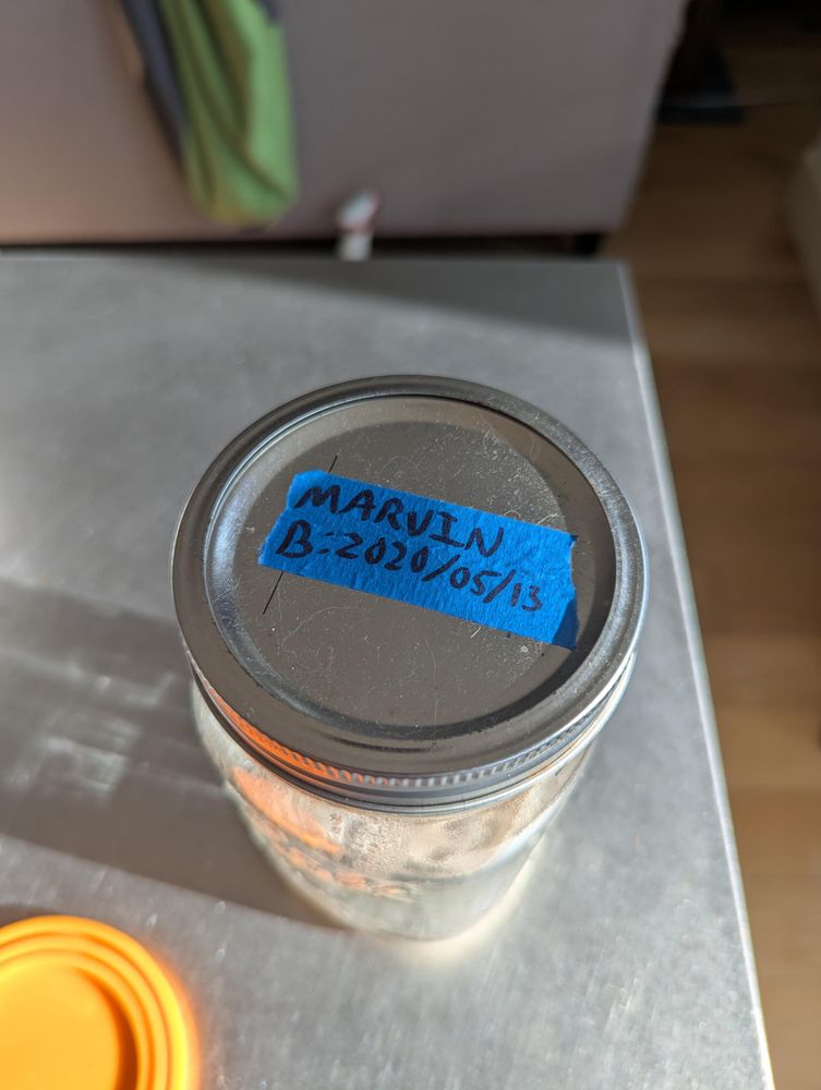 A mason jar labelled "Marvin, B: 2020/05/13”