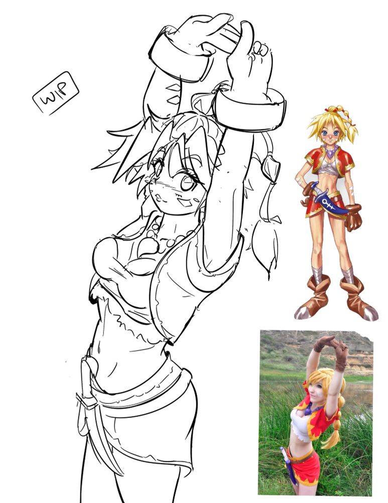 Wip drawing of Kid from chrono cross. Reference image from a cosplay photo by zerggiee