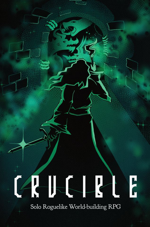 A green-on-black rendition of the previous image, of vastly higher quality. The stick figure is now an actual figure in a robe, sword in one hand and torch in the other. The vague gribblies are now recognisable monsters, and the tendrils are definitely smoke.