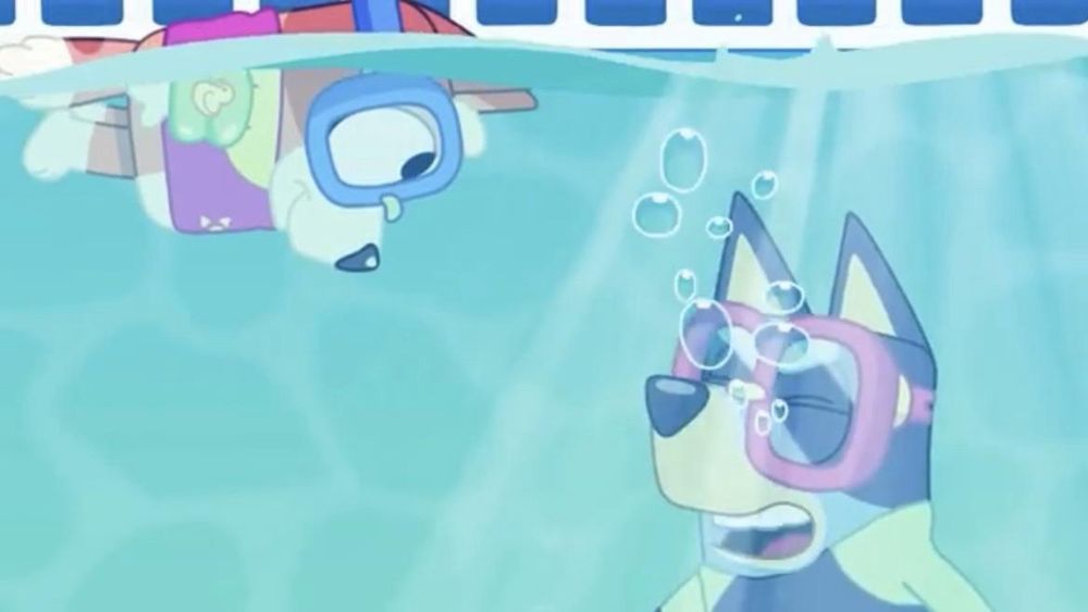 From the Bluey episode ‘The Pool’, the artist has done a great job of conveying the heavily chlorinated water in which Bluey and Bingo are skylarking around in. Those goggles are not just for show!