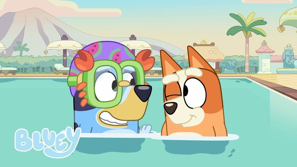 From the Bluey episode ‘Swim School’ in which Bluey (aka Karen and Margaret) teaches her family how to swim, and also not to dob. 

Bluey is wearing a particularly colourful swimming cap and goggles with lobster claw trim. Very Dame Ednaesque.