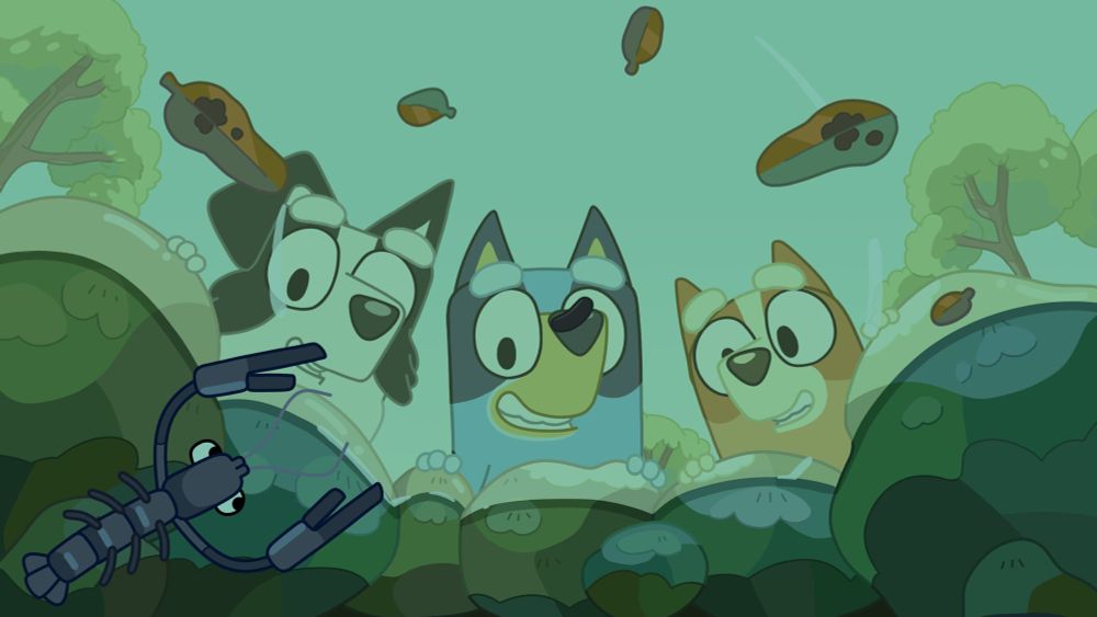 From the aptly named Bluey episode ’Creek’, Bluey & Co are looking at the stuff in their local creek, including a yabby and a tadpole, or possibly a leech. No shopping trolleys in this one.
