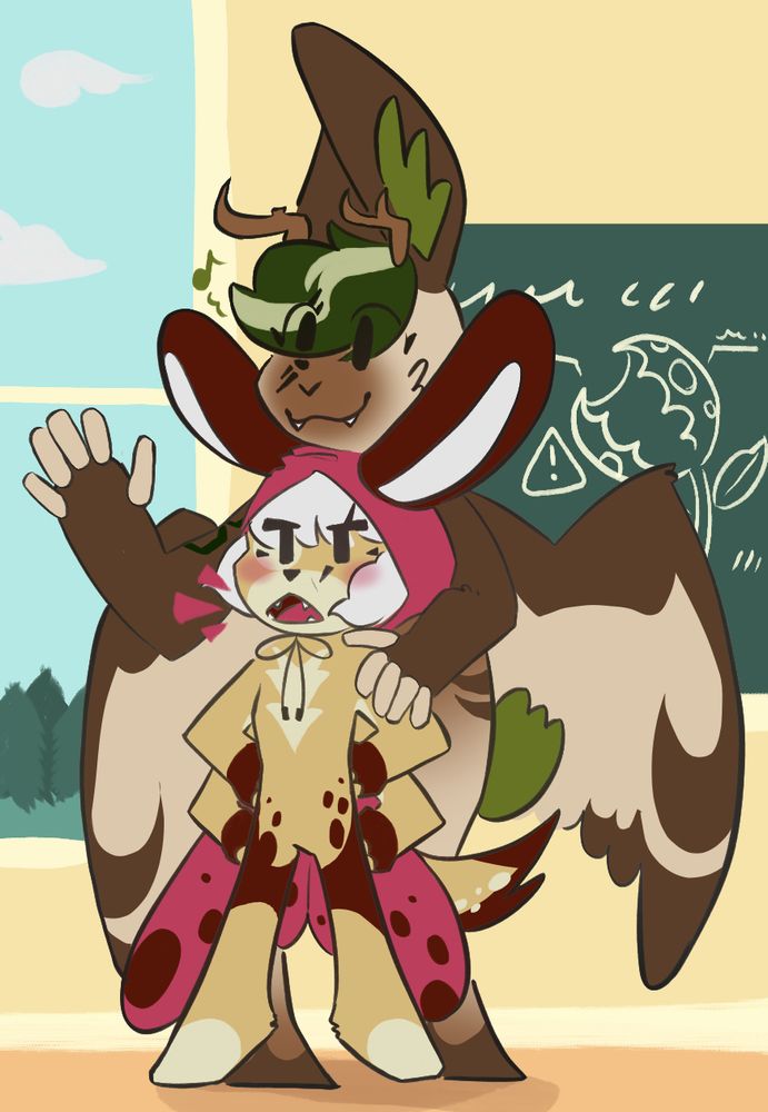 Redd brings Woodsman to watch her work one day. Classroom setting with forest in the window. Redd tries to remain professional, but is blushing. Woodsman rests her head on Redd's and waves to the class, unseen in the photo. A piranha plant infographic is etched onto the chalkboard.