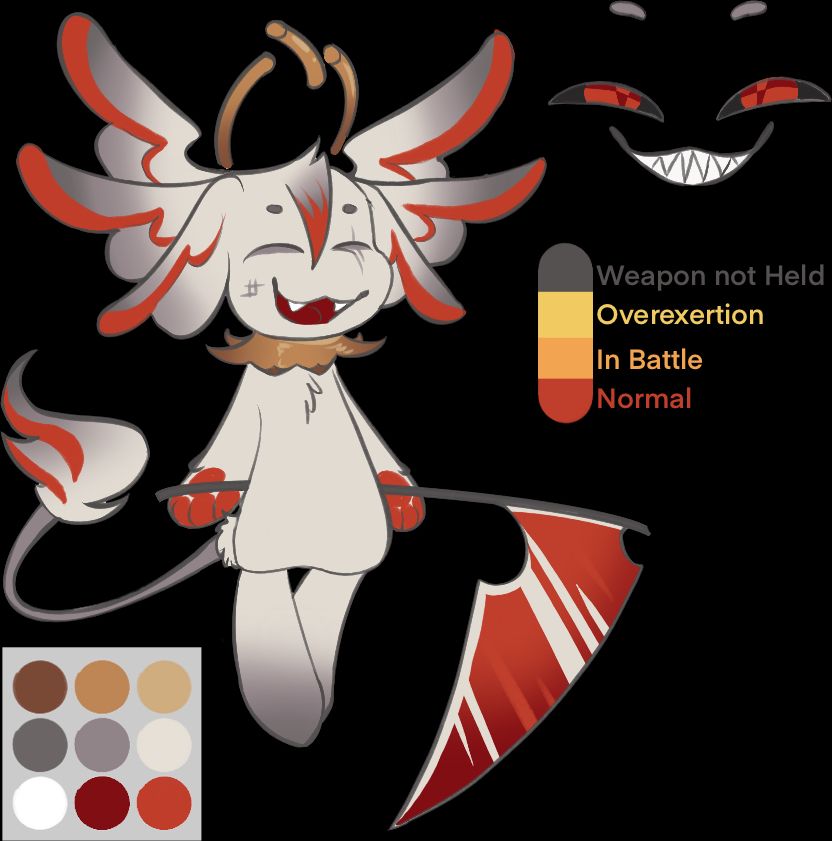 Light gray fallen angel, from the species ‘Cappari’ by Ranebopets. He has red accents in his eyes, fingers, hair, and feathers. He carries a red scythe and wears a bronze neck ruff. His bronze halo is broken in one place. His fur is disheveled. The character sheet delves into the color palette and different colors he can become.