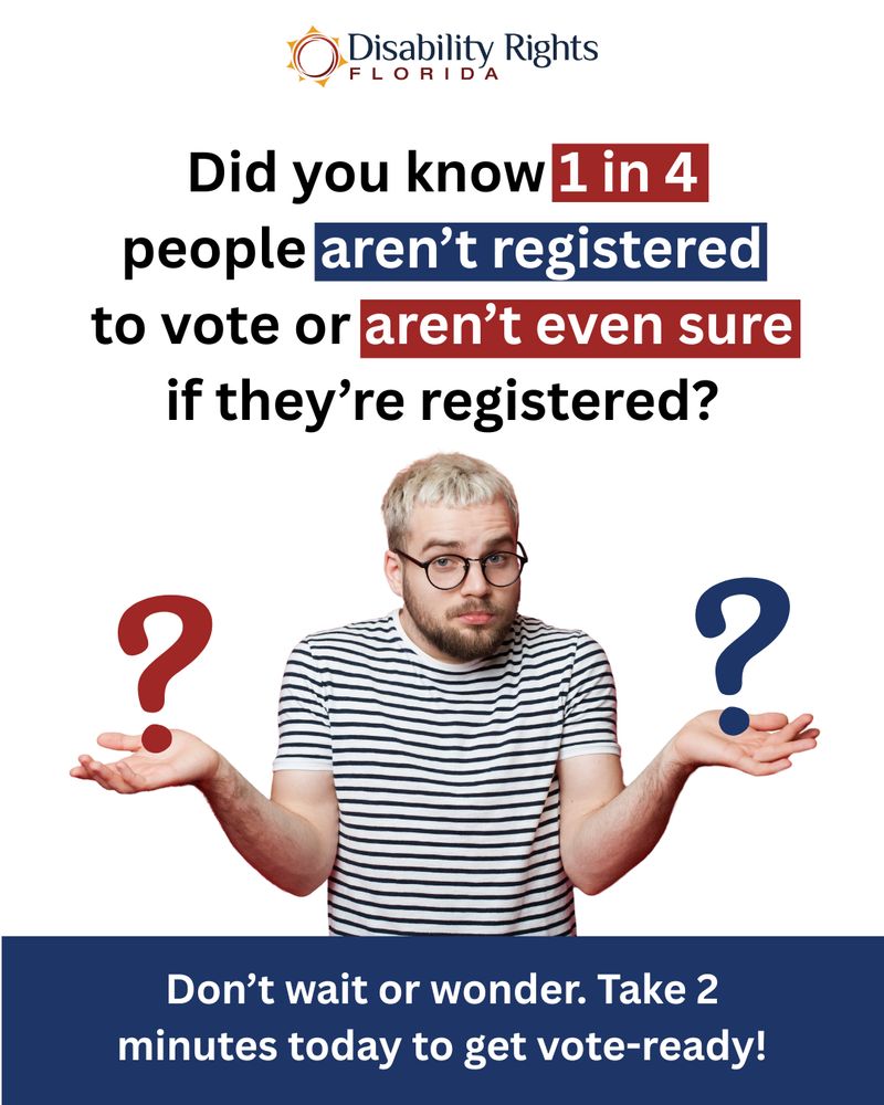 A man in glasses and a striped shirt shrugs with question marks over his hands. The text says, “1 in 4 people aren’t registered to vote or aren’t even sure if they’re registered. Don’t wait or wonder. Take 2 minutes today to get vote-ready!”