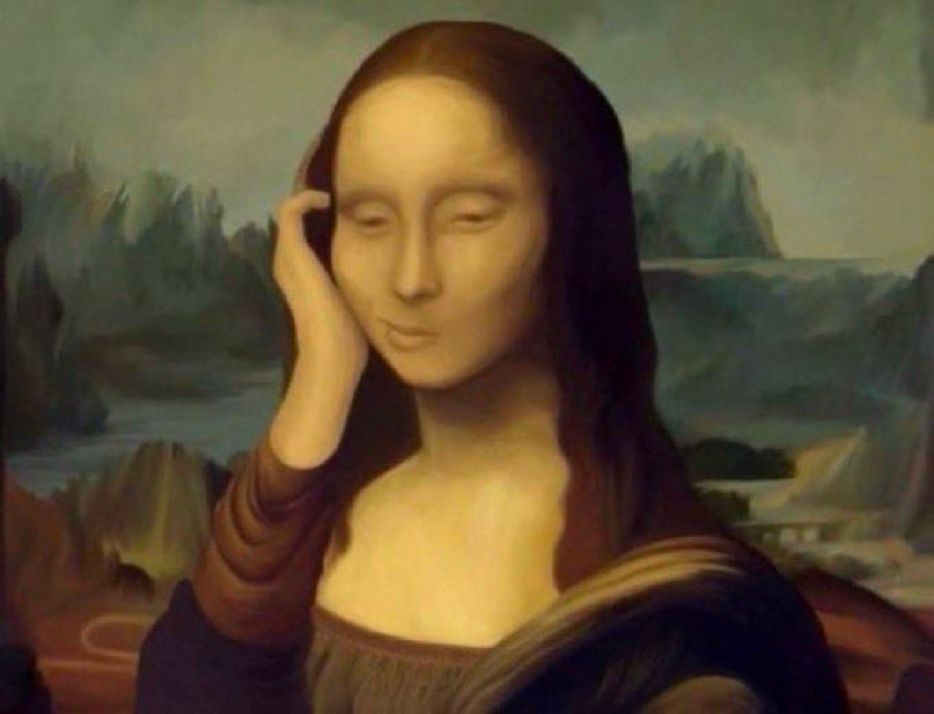 An edited image of the Mona Lisa. She is tucking a strand of hair behind her ear with a coy smile on her face.